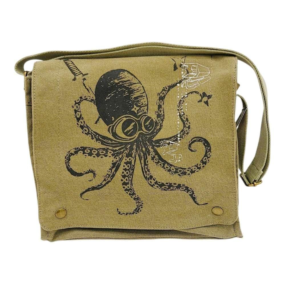 Messenger Bag - Ninja Octopus (Black White Ink on Olive Canvas) by Namu