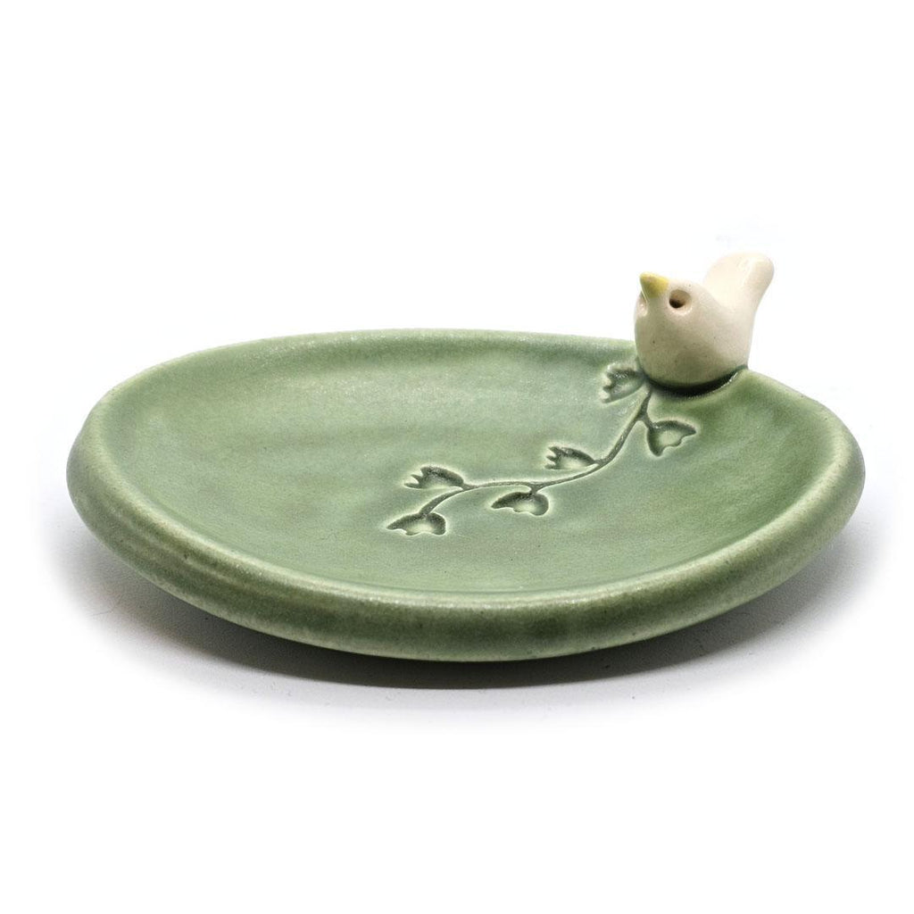 Oval Ring Dish - White Bird with Flowers (Green) by Tasha McKelvey