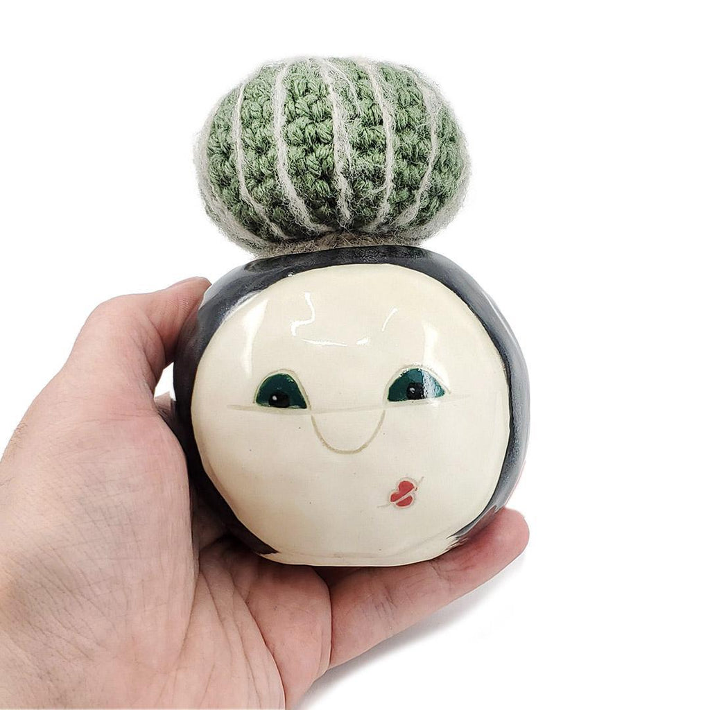 Large Plush Cactus - Echinocactus Grusonii in Smiling Lady Pot by Hook And Wheel
