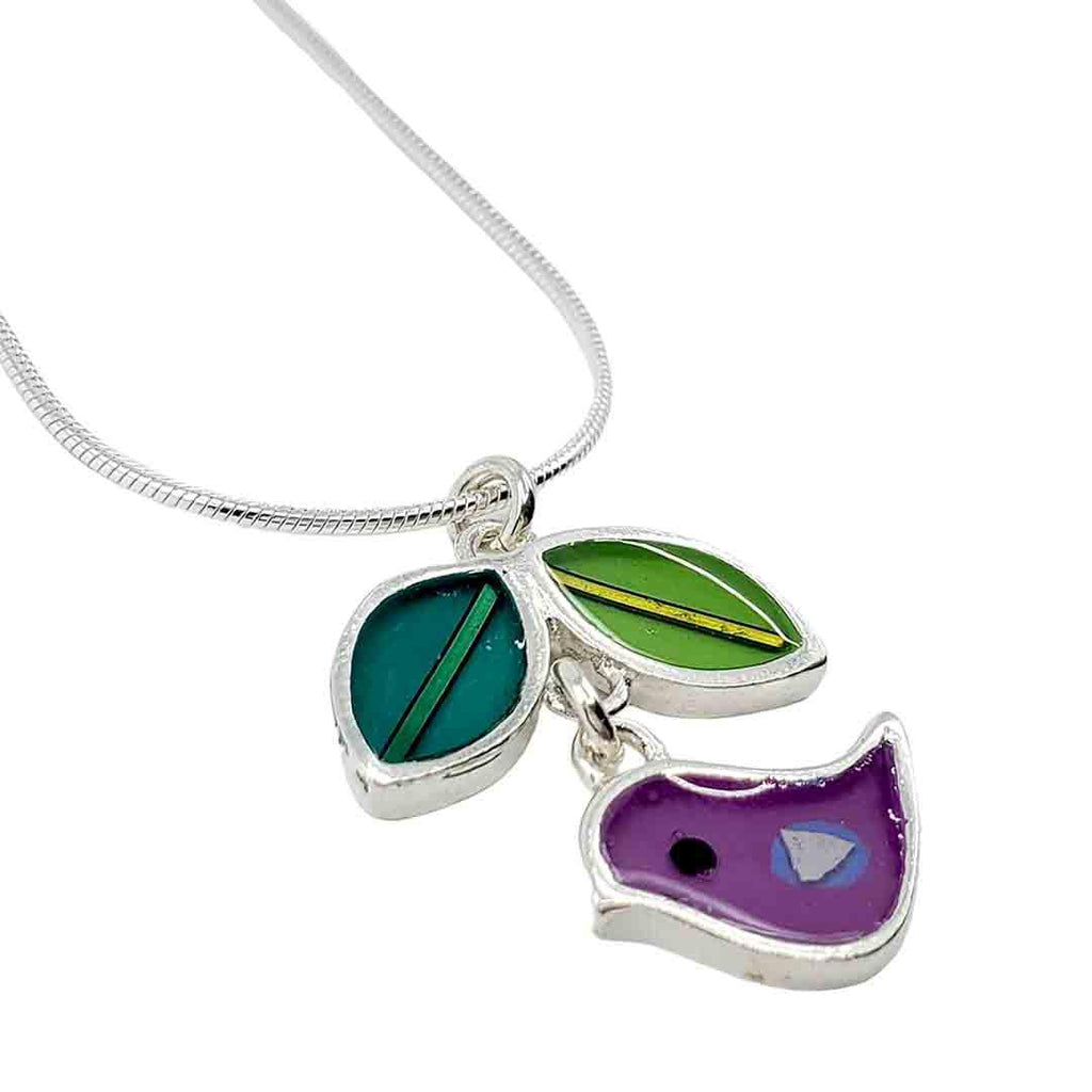 Necklace - Purple Bird with Green Leaves by Happy Art Studio