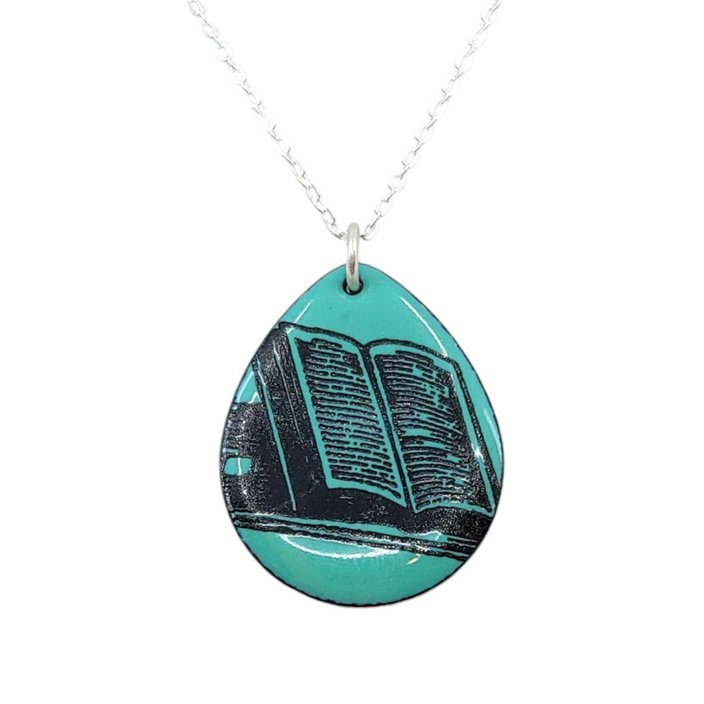 Necklace - Teardrop Book on Teal Background by Magpie Mouse Studios