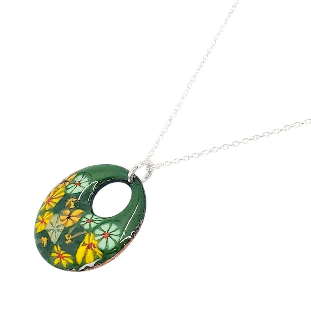 Necklace - Offset Small Circle (Green Floral) by Magpie Mouse Studios