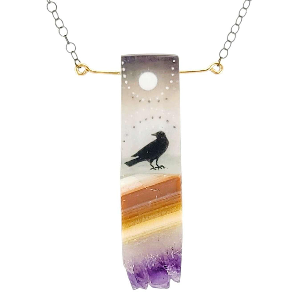 Necklace - Crow and Moon Crystal (Gunmetal) by Fernworks