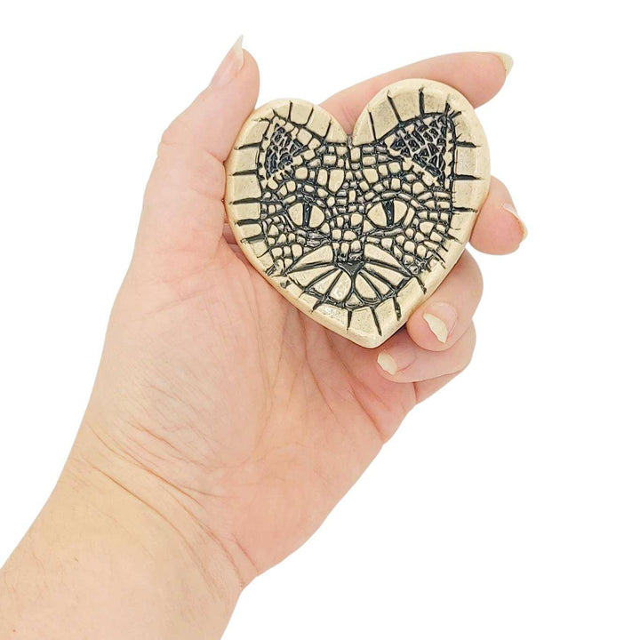 Ring Dish - 2 3/4 in - Cat Face Heart Pottery Dish by Walton Clay Studio
