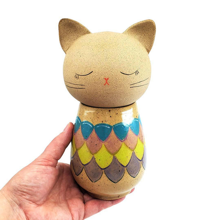 Kokeshi Jar - Small - Peaceful Kitty Cat (Colorful Scales) by Jennifer Fujimoto