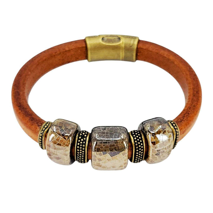 Bracelet - River Rock (Tobacco Leather, Brass, Ceramic) by Diana Kauffman Designs