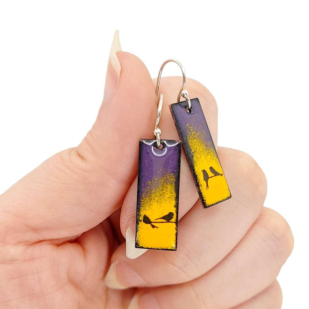 Earrings - Slim Rectangle Bird Pair on Orange and Purple Background by Magpie Mouse Studios