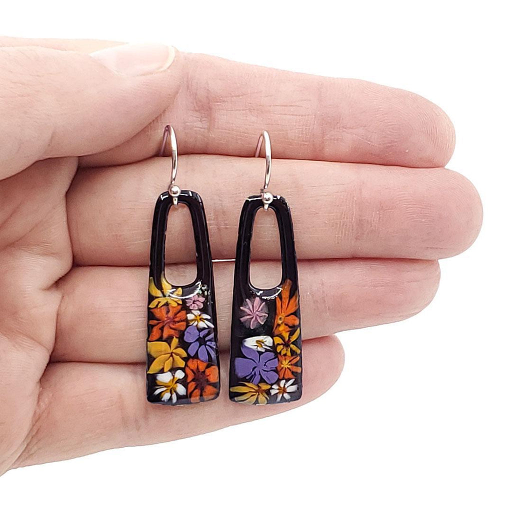 Earrings - Small Open Rectangle (Orange Multicolor Floral on Black) by Magpie Mouse Studios