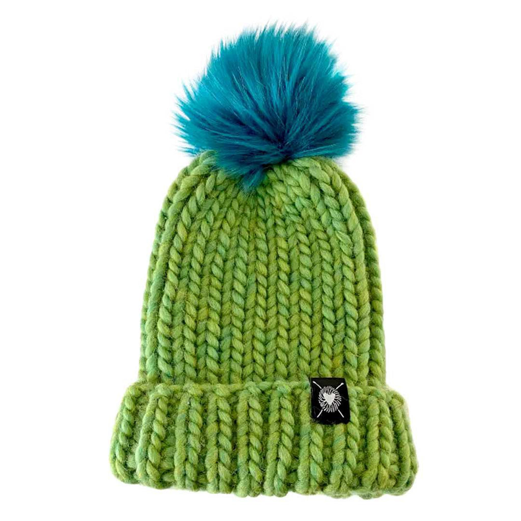 Beanie - Luxe Merino Folded Pom in Gradient Lime with Teal Faux Fur by Nickichicki
