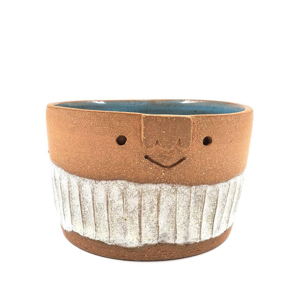 Friendly Planter-  Smiling with White Fluted Bars (Teal Interior) by Kathy Manzella Ceramics