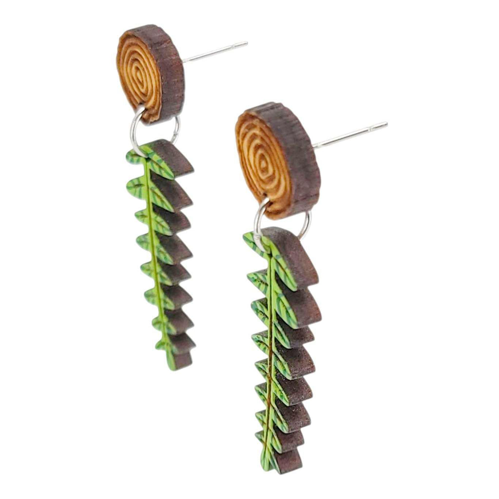 Earrings - Mini Woodland Fern Wood Slice (Post Dangles) by Fresh Cuttery