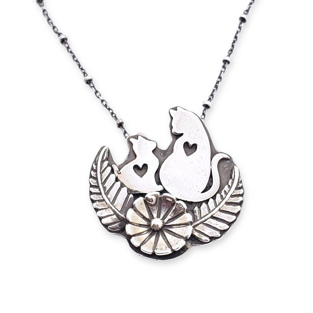 Necklace - Double Meow Cats by Wanderlust Silver