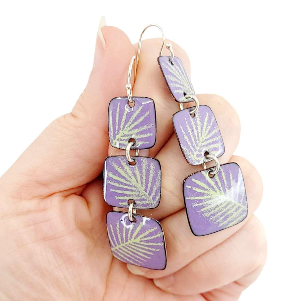 Earrings - Triple Square Drop (Green Palm Leaves on Soft Purple) by Magpie Mouse Studios