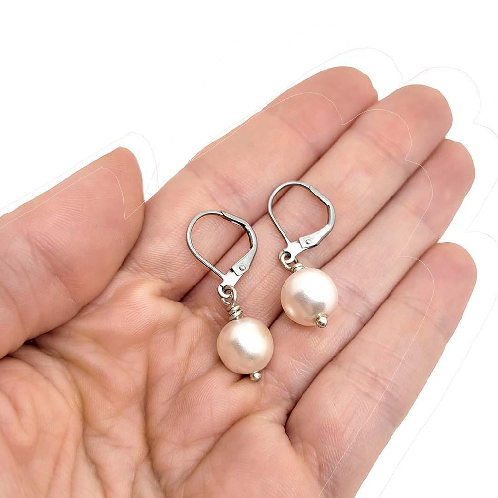 Earrings - Round Faux Pearl White Stainless Steel by Christine Stoll Studio