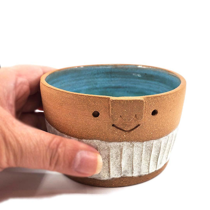 Friendly Planter-  Smiling with White Fluted Bars (Teal Interior) by Kathy Manzella Ceramics