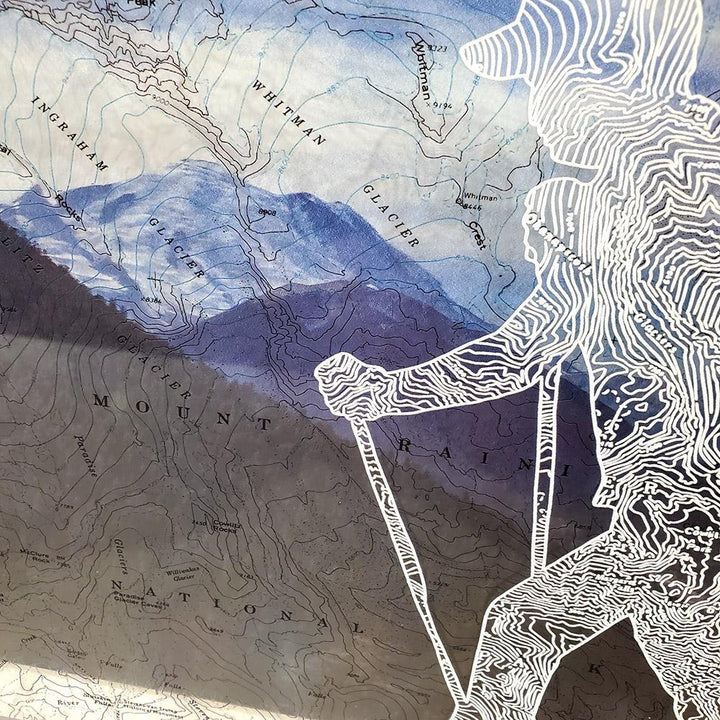 Wall Art - 12x12in - Rainier Westbound Hiker with Stick Floating Frame Map by Modern Terrain