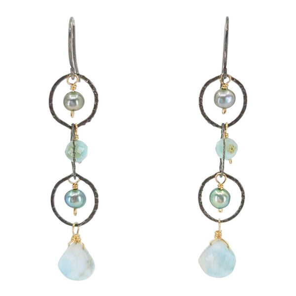 Earrings - Triple Circle Chain Dangles (Larimar, Pearl) by Calliope Jewelry