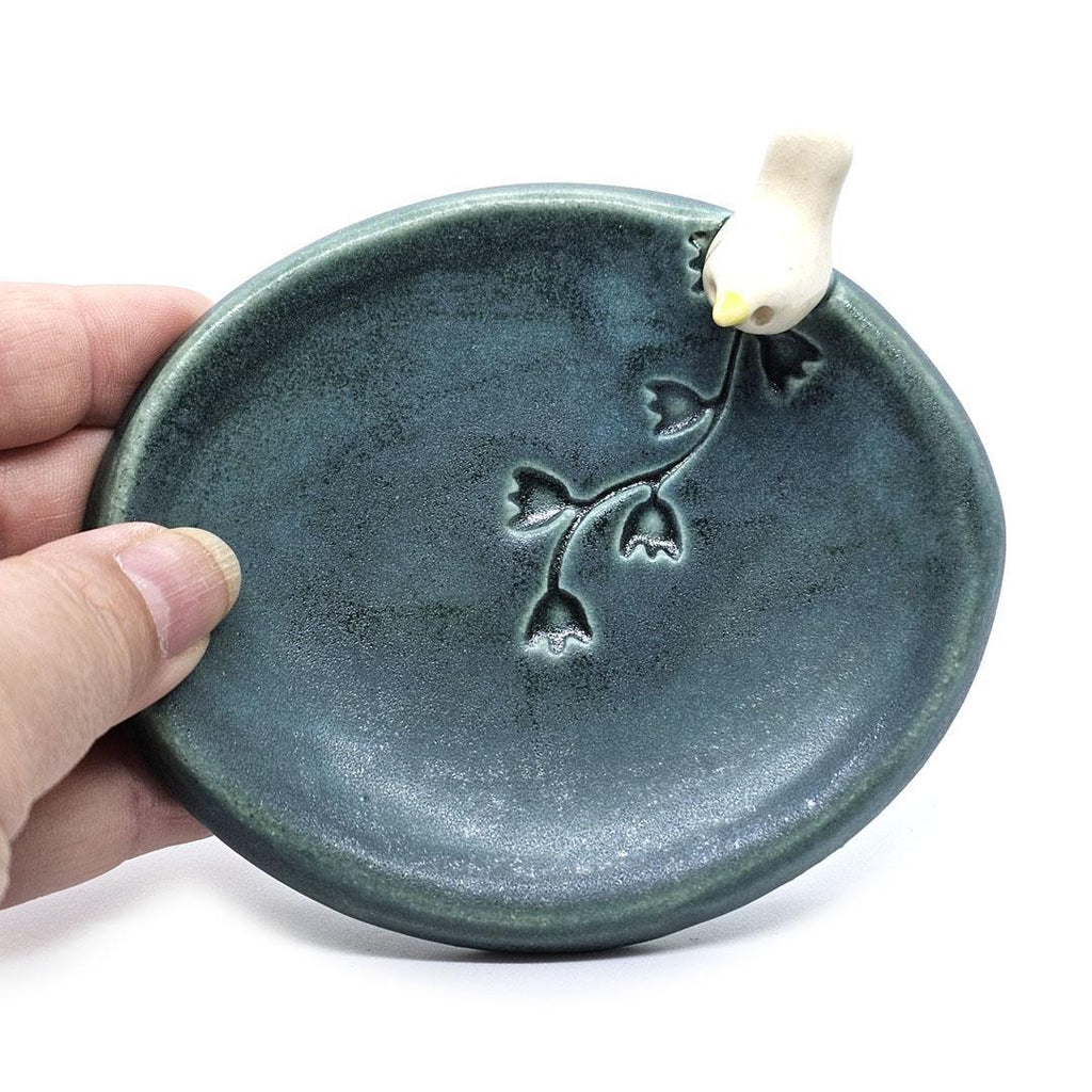 Oval Ring Dish - White Bird with Flowers (Dark Teal) by Tasha McKelvey