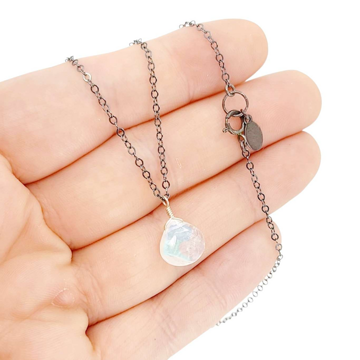 Necklace - Sterling Gemstone Drop (Rainbow Moonstone) by Foamy Wader
