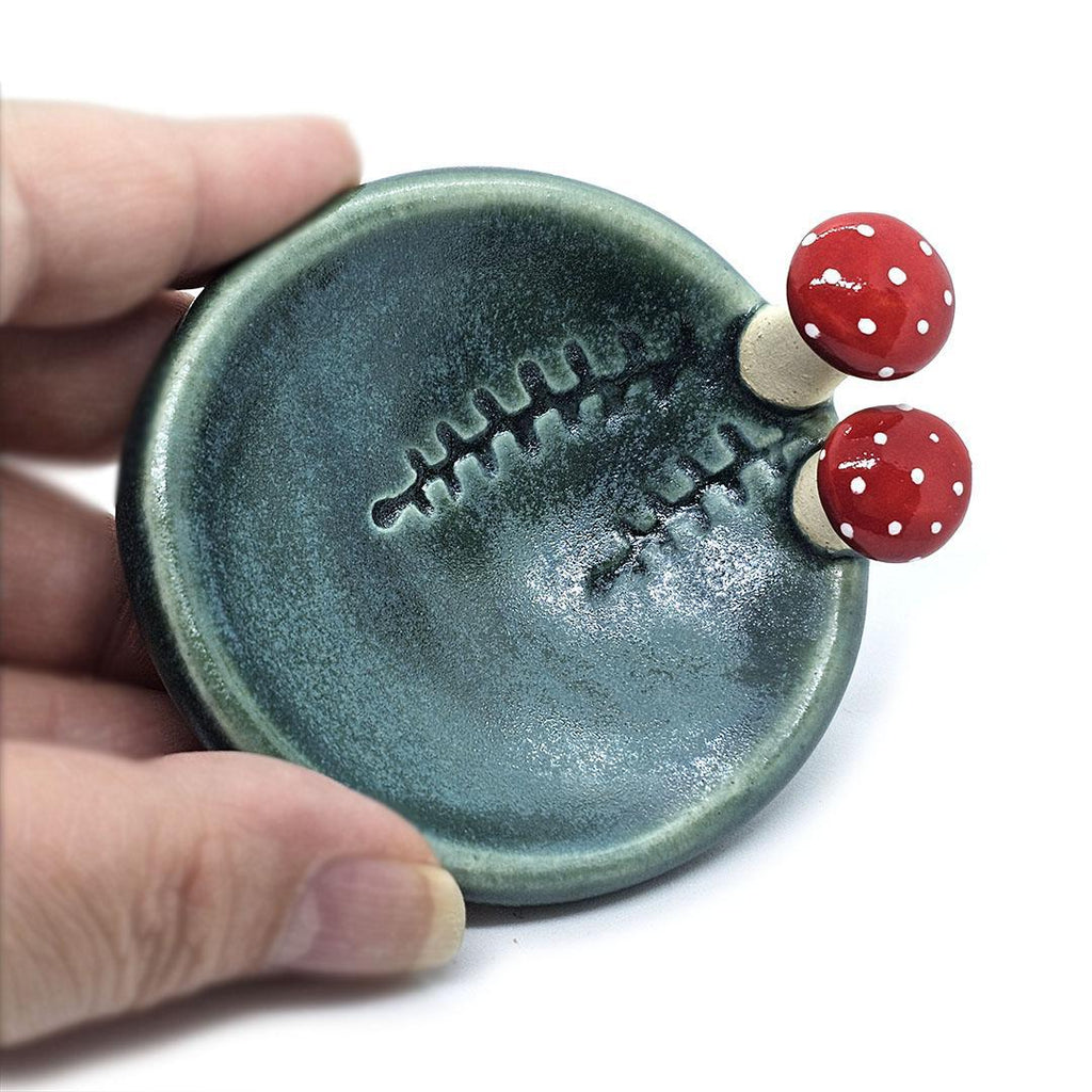 Round Ring Dish - Red Mushrooms Fern Fronds (Small Dark Teal) by Tasha McKelvey