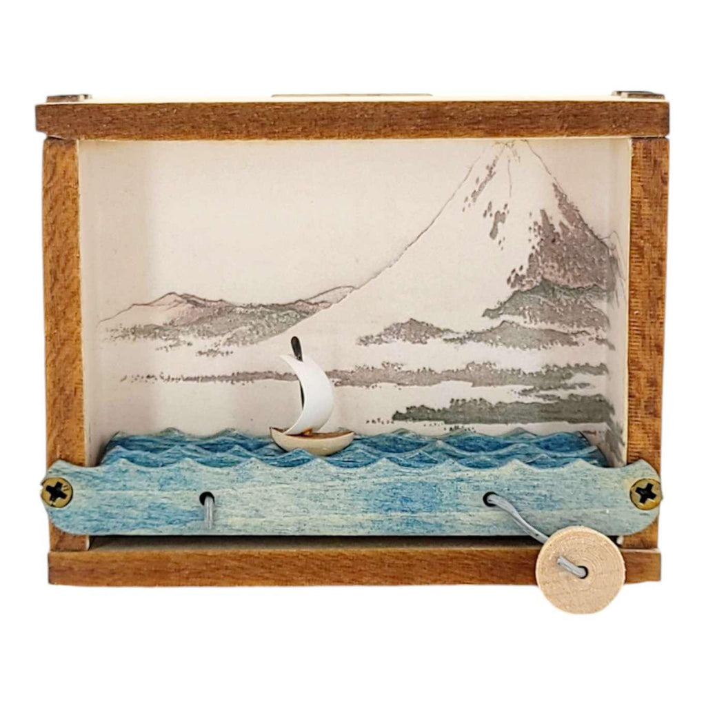 Kinetic Sculpture - Hand Cranked Wooden Mt. Fuji Black and White Sailboat by Cartoon Monster