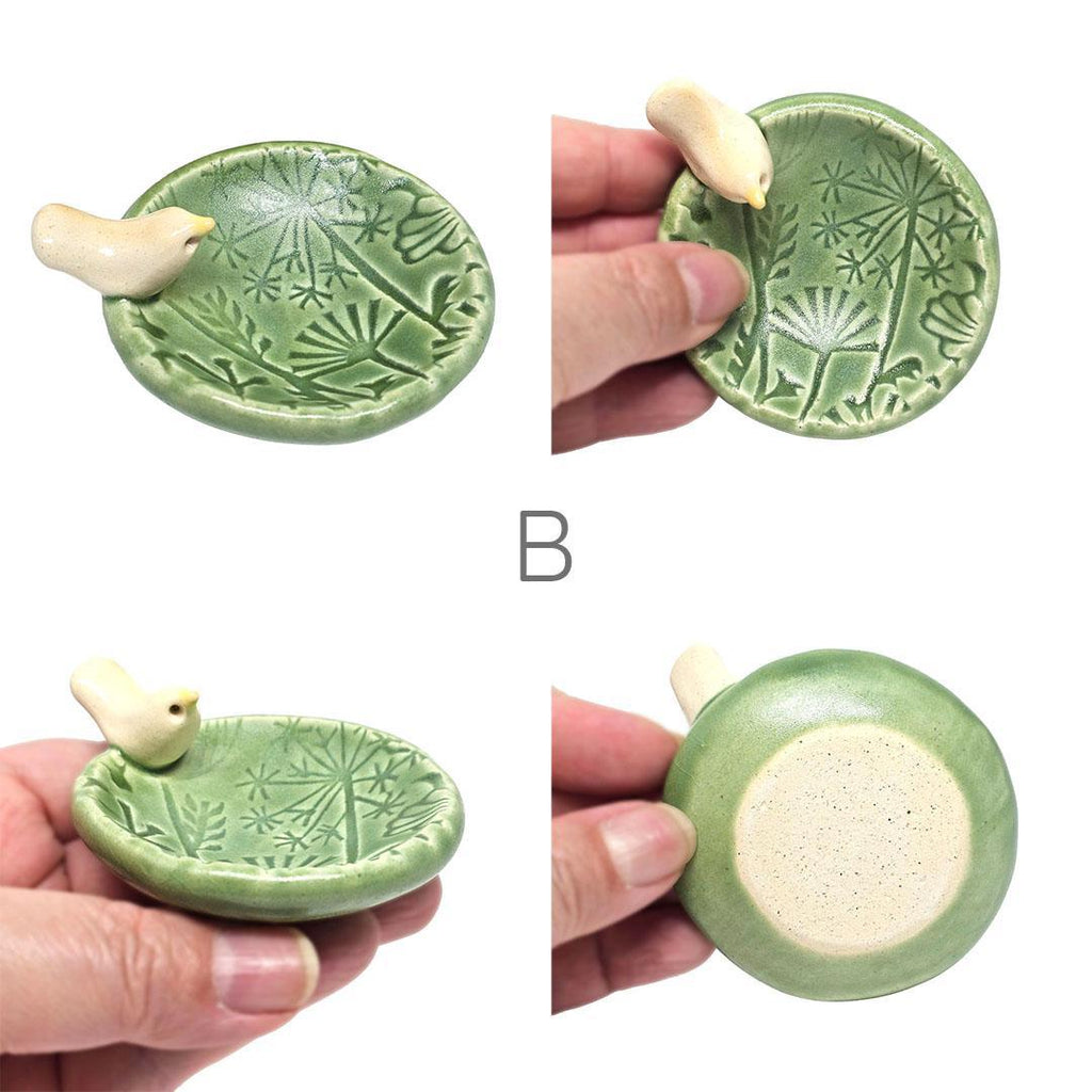Round Ring Dish - White Bird Floral (Light Green Matte) by Tasha McKelvey