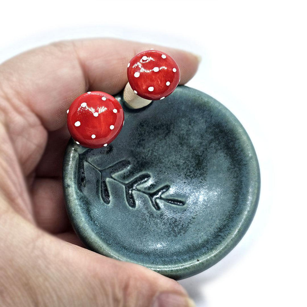 Round Ring Dish - Red Mushrooms Fern Fronds (Small Dark Teal) by Tasha McKelvey