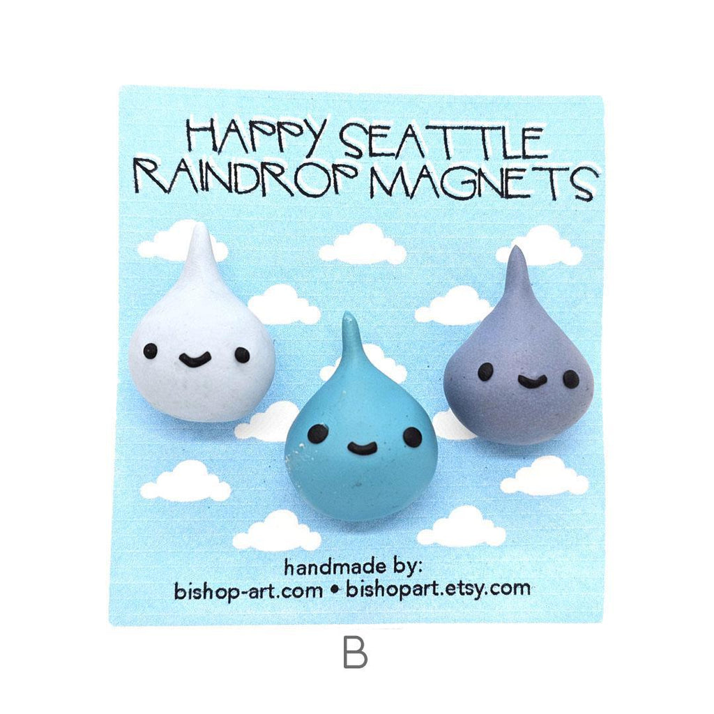 Magnet - Set of 3 - Happy Seattle Raindrops (Assorted Blues) by bishopart