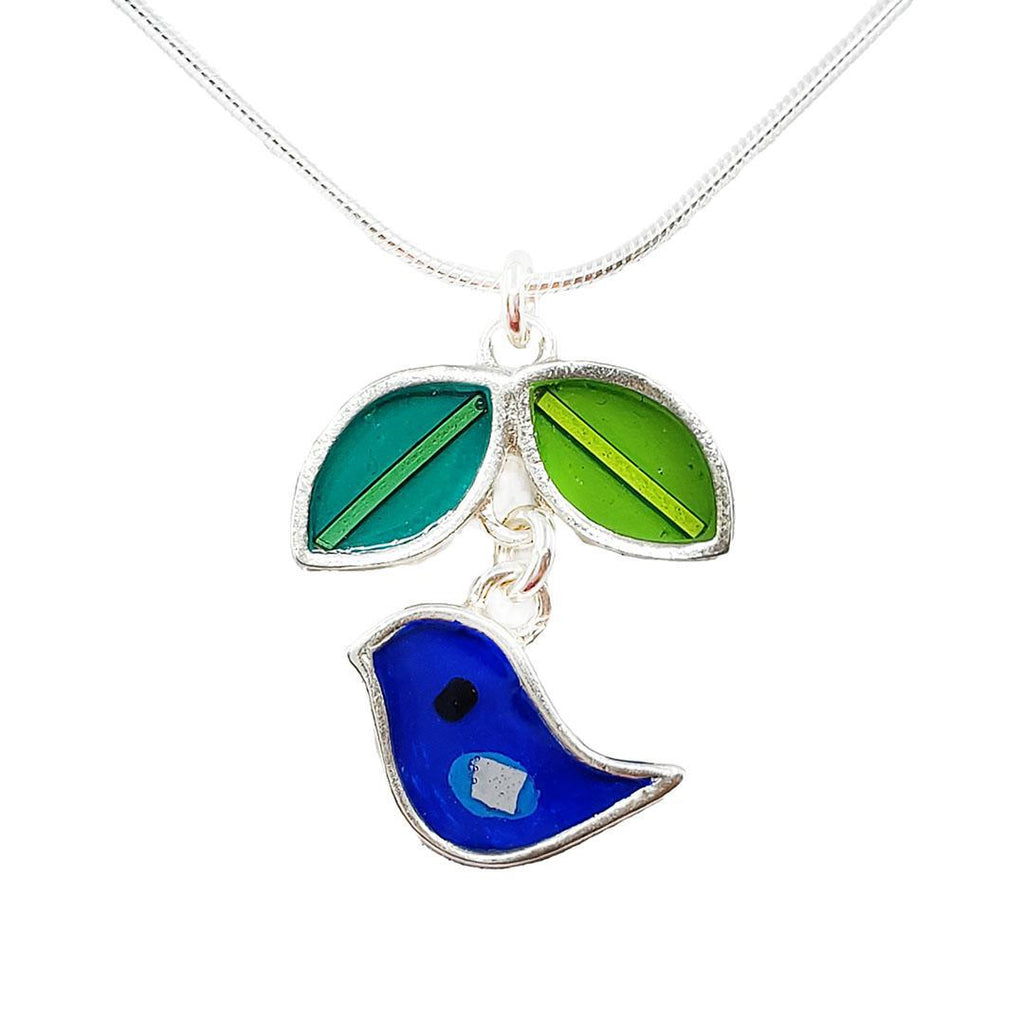 Necklace - Dark Blue Bird with Green Leaves by Happy Art Studio