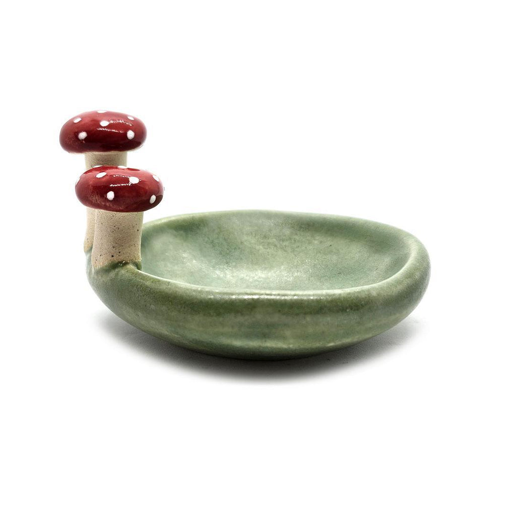 Round Ring Dish - Red Mushrooms and Fern Fronds (Small Green) by Tasha McKelvey