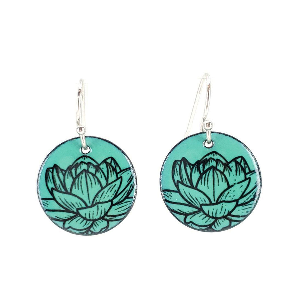 Earrings - Small Circle (Lotus on Turquoise) by Magpie Mouse Studios