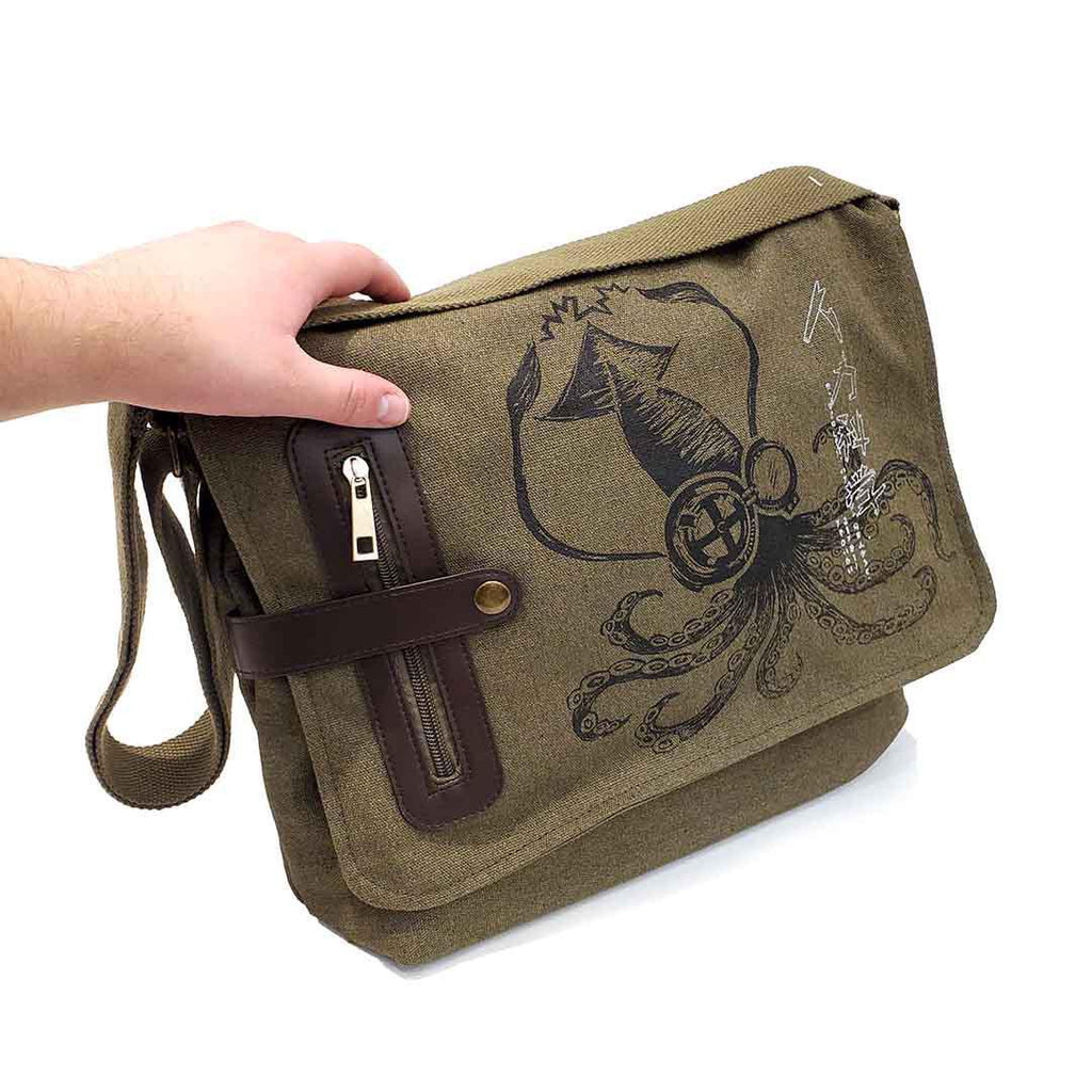 Messenger - Large Science Squid Black on Olive Canvas Laptop Bag by Namu