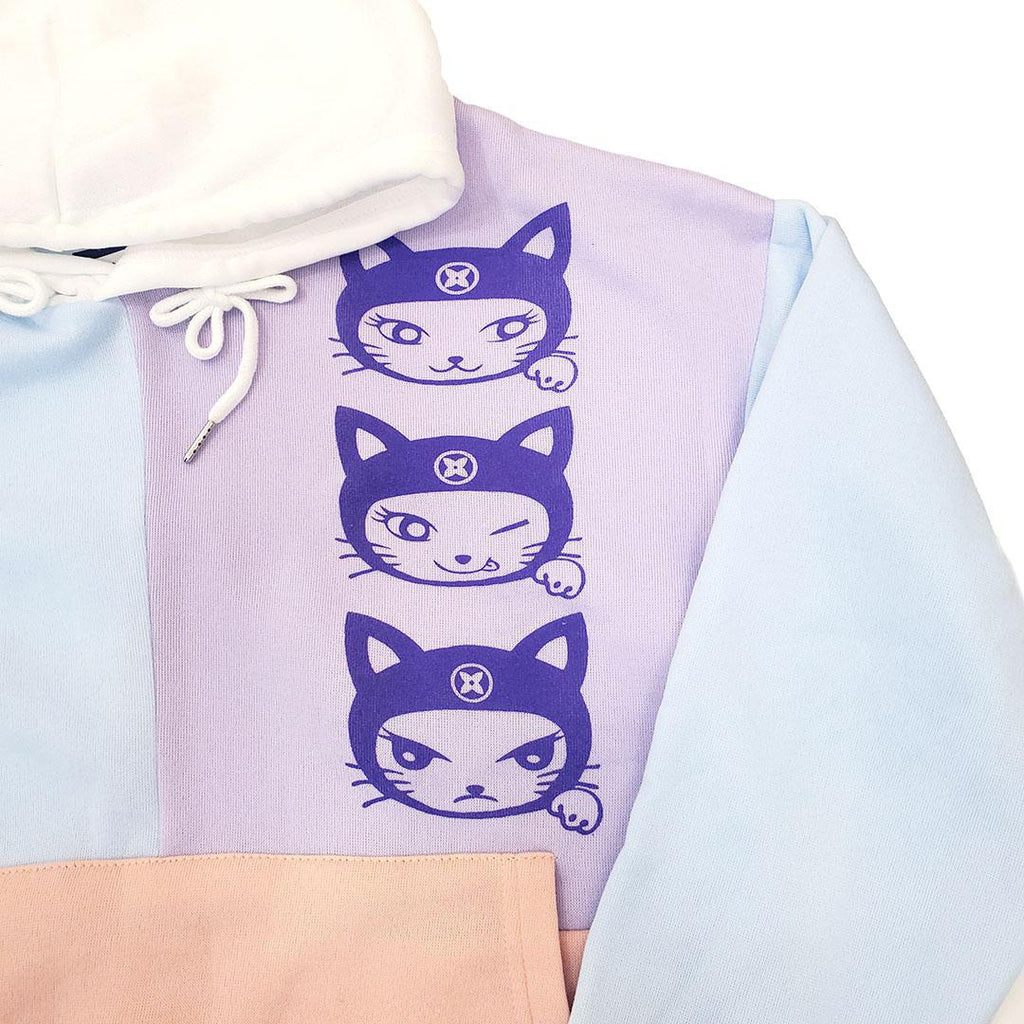 Hoodie - Adult Kitty Ninjas Pullover Purple on Pastel Color Block (Small) by Namu