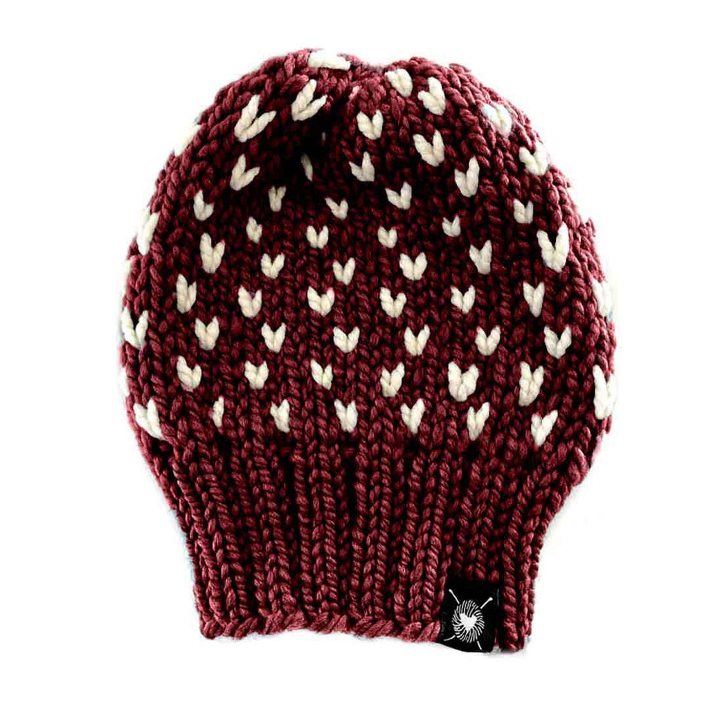 Beanie - Slouchy Blended Fiber Pomless in Pale Hearts on Claret by Nickichicki