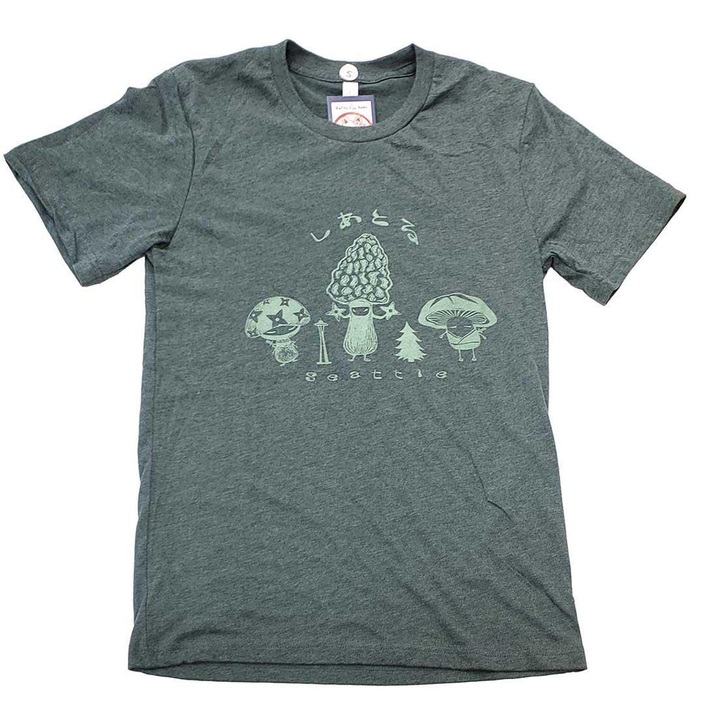 Adult Tee - Mushroom Trio on Heather Green Crew Neck (S - 2XL) by Namu
