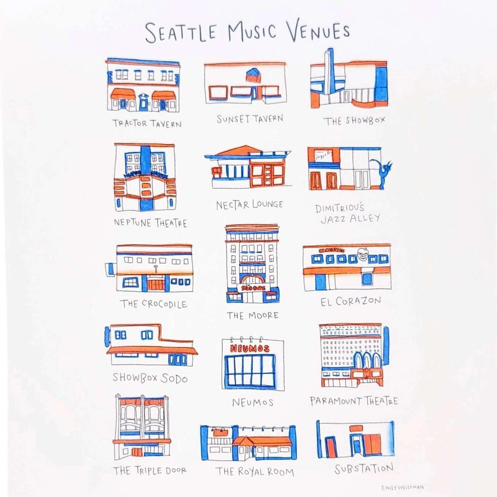 Art Print - 8.5x11in - Seattle Music Venues by Urb.Em.Sketches