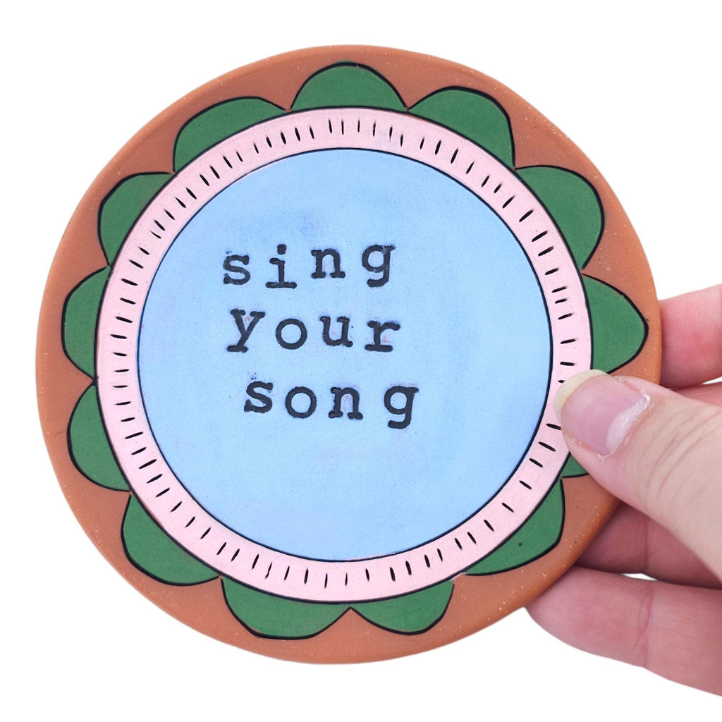 Ring Dish - 5in - Sing Your Song (Light Blue with Green Petals) by Leslie Jenner Handmade