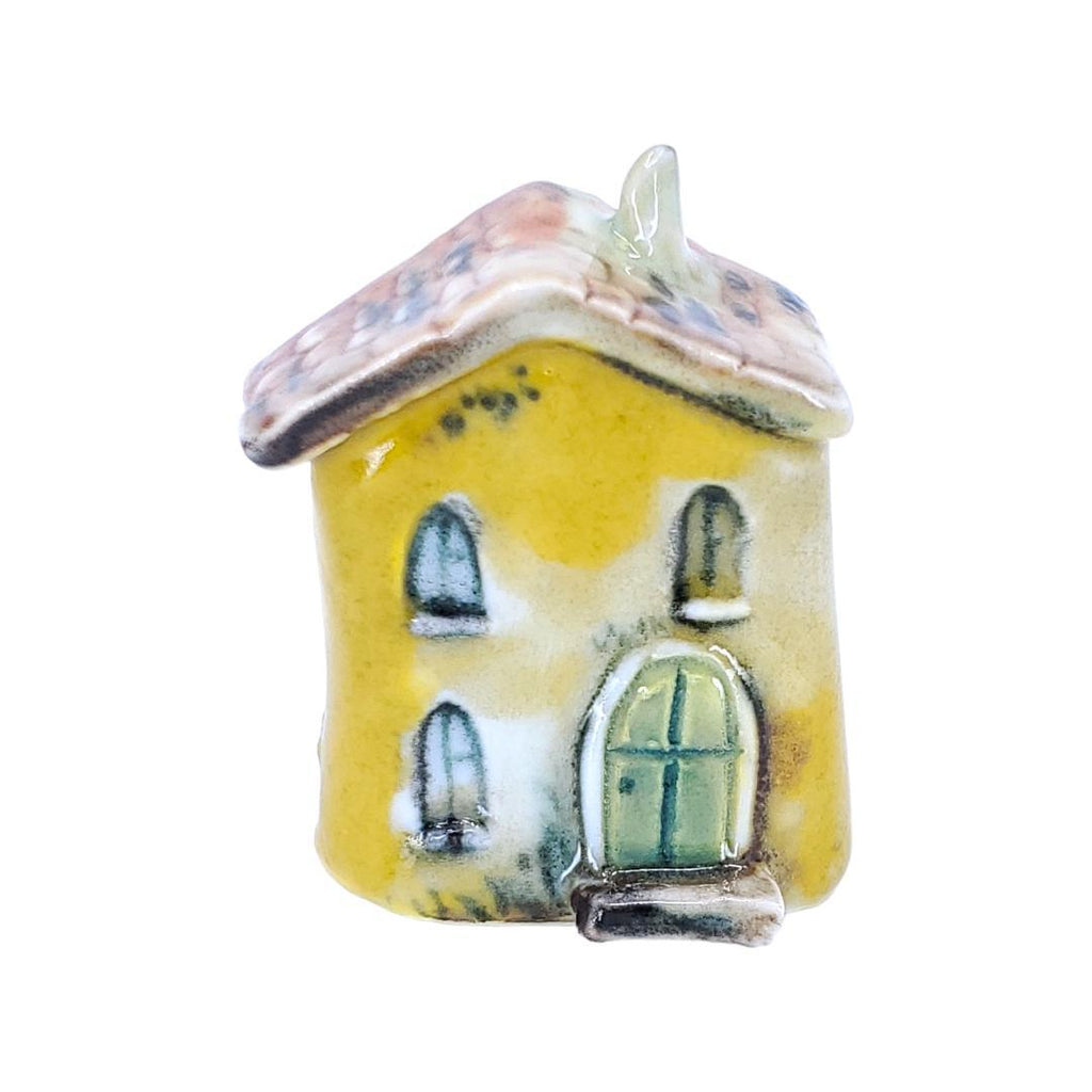 Tiny House - Gold House Blue Door Brown Black Roof by Mist Ceramics