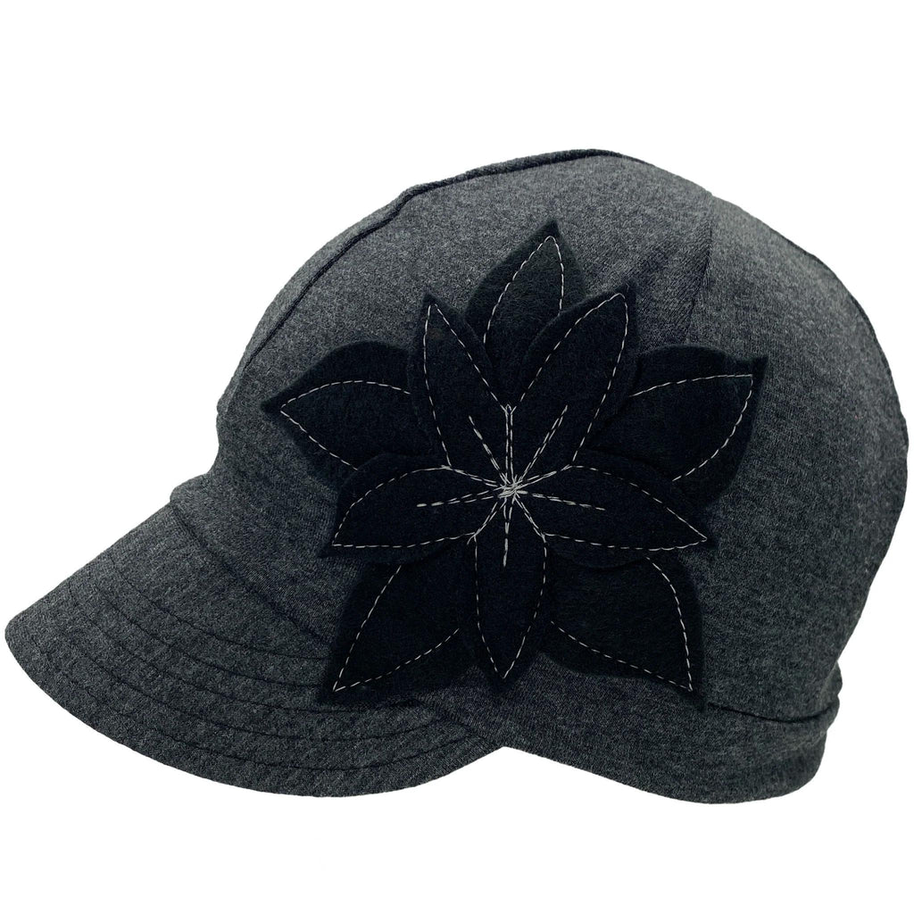 Adult Hat - Upcycled Jersey Weekender in Charcoal Gray with Black Flower by Hats for Healing
