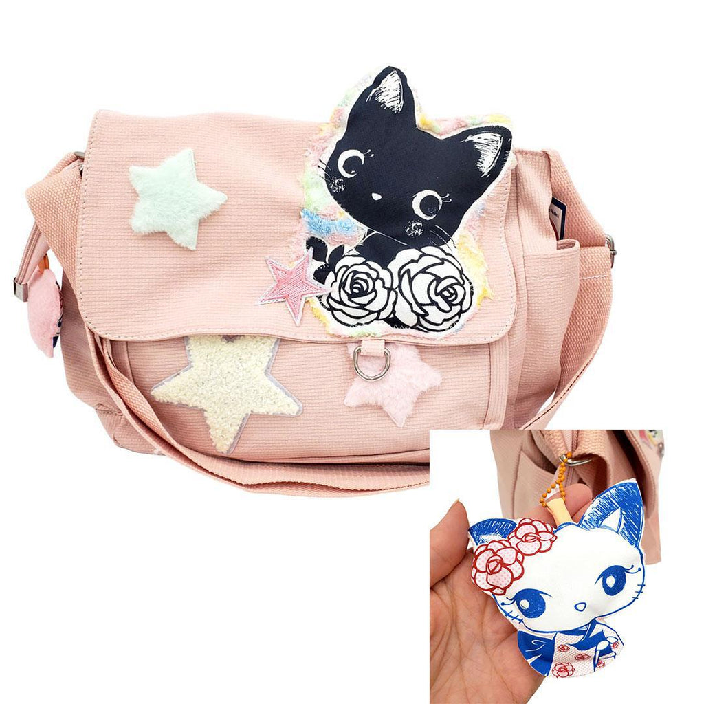 Messenger Bag - Cat Flowers Stars Geisha Kitty Friend on Pink Bag by Namu