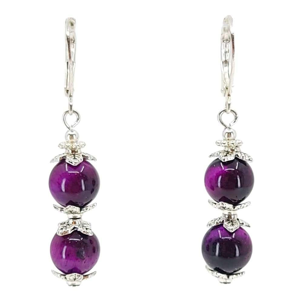 Earrings - Double Bead Drops (Tiger’s Eye, Silver Plate) by Tiny Aloha