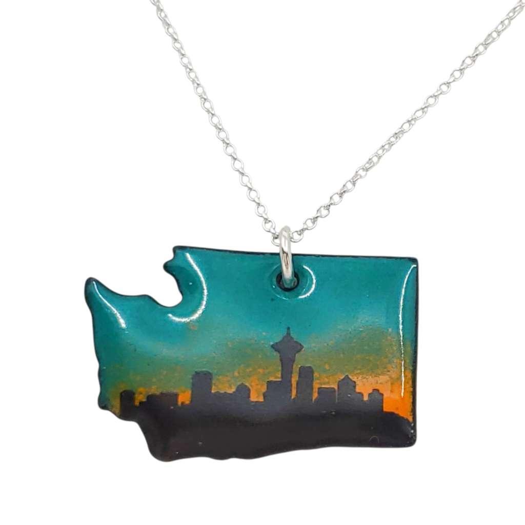 Necklace - Small WA State Pendant (Seattle Skyline on Green Orange Gradient) by Magpie Mouse Studios