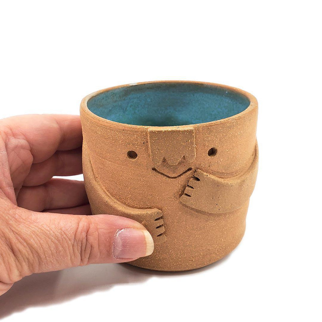 Friendly Planter-  S - Smiling with Hugs (Teal Interior) by Kathy Manzella Ceramics