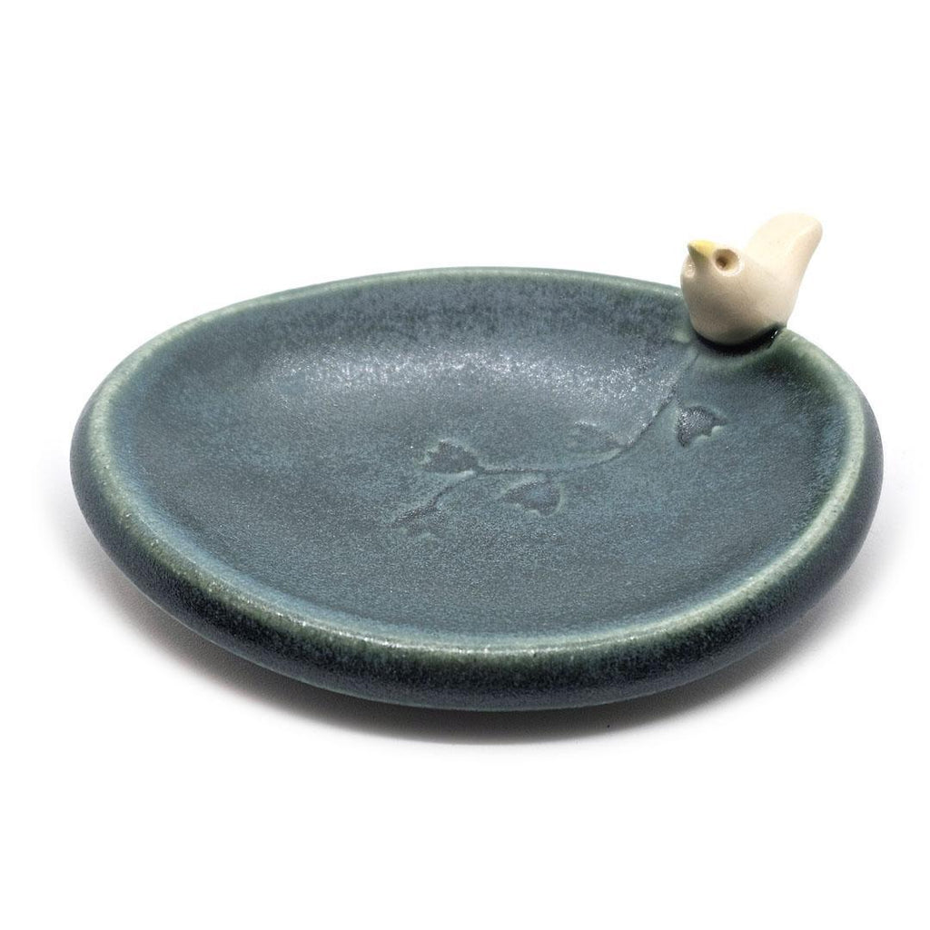 Oval Ring Dish - White Bird with Flowers (Dark Teal) by Tasha McKelvey