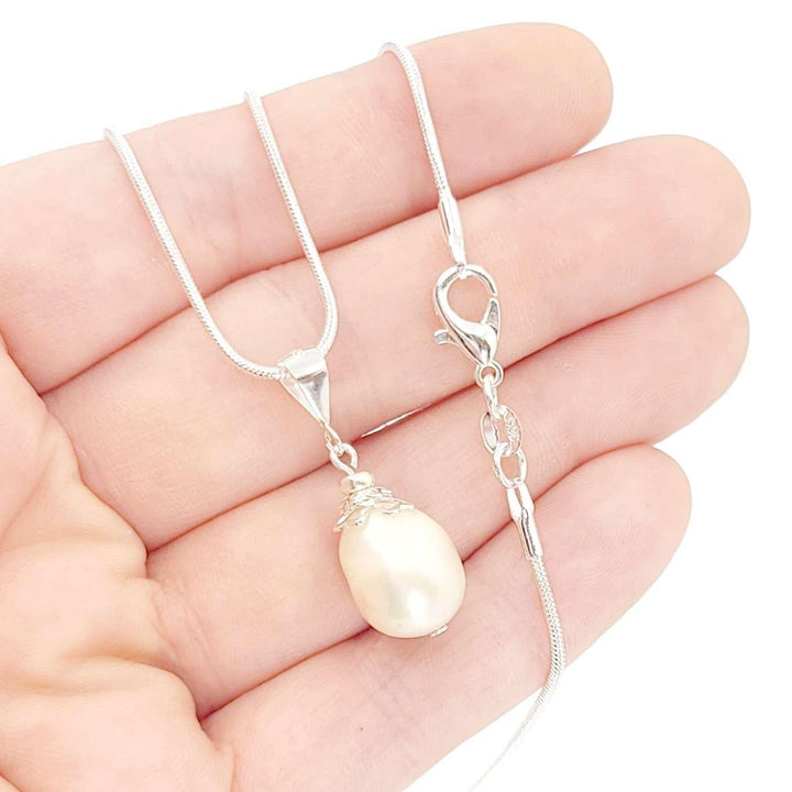 Necklace - Large Single Pearl Pendant (Cream, Silver Fill Snake Chain) by Tiny Aloha