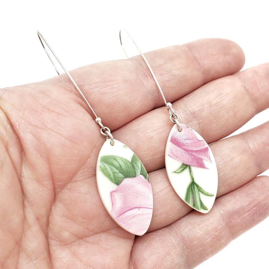 Earrings - Long Pink Floral Vintage China by Material+Movement
