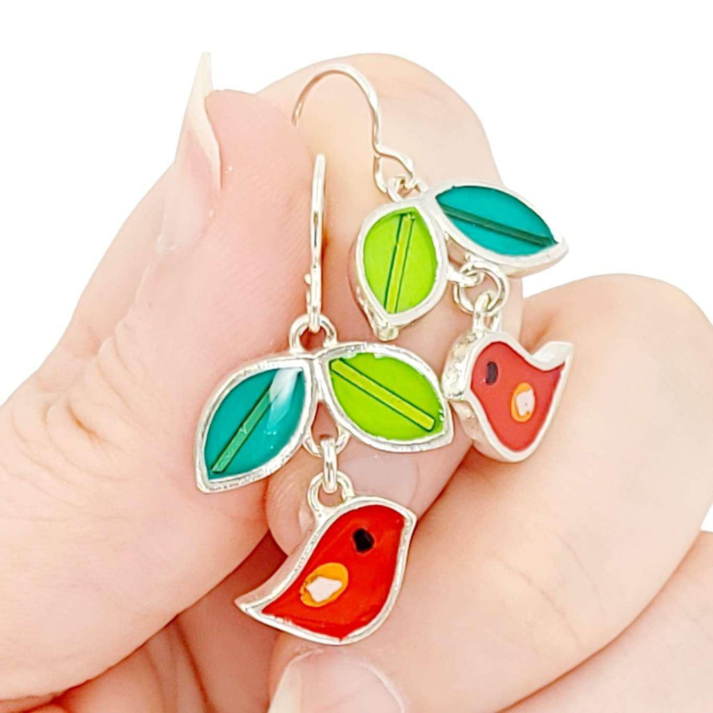 Earrings - Bird and Leaves (Red) by Happy Art Studio