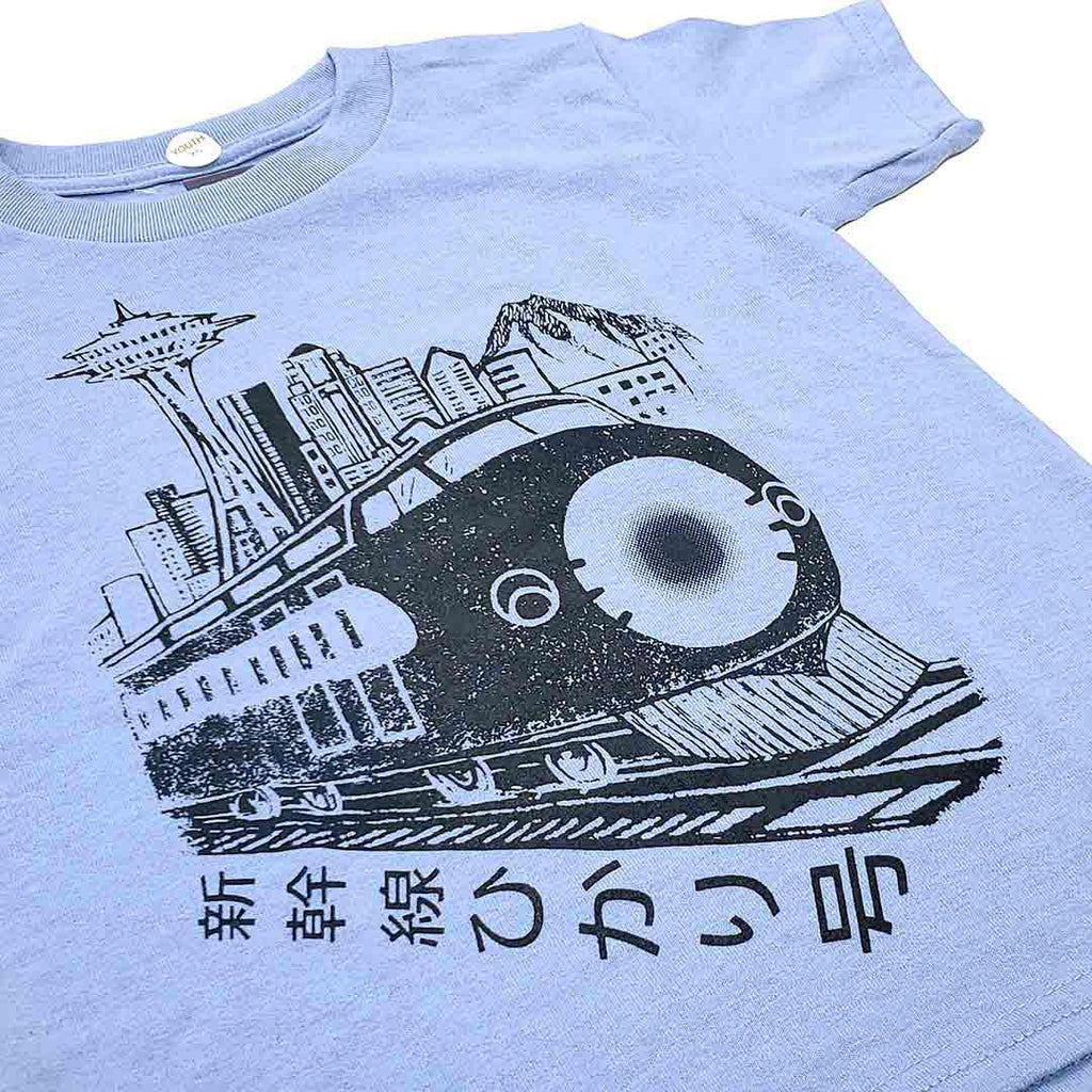 Kids Tee - Shinkansen Bullet Train on Light Blue Crewneck Tee (Youth XS - XL) by Namu