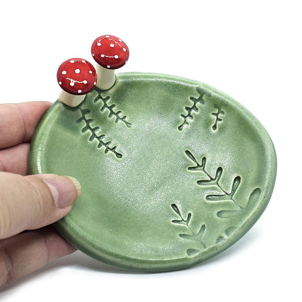 Oval Ring Dish - Red Mushrooms and Fern Fronds (Green) by Tasha McKelvey