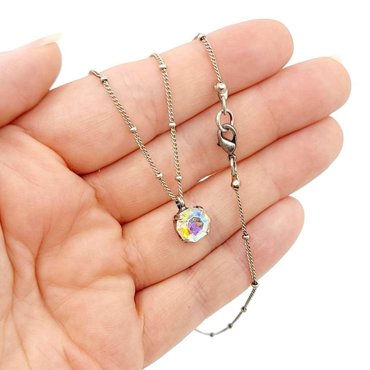 Necklace - Vintage Rhinestone Solitaire in Clear Aurora by Christine Stoll